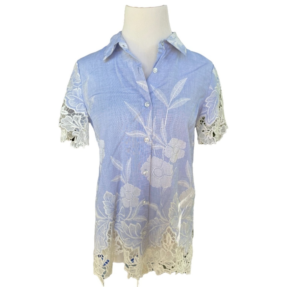T Tahari button down embroidered lace top sz XS